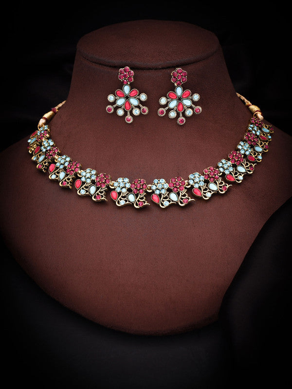 Tehzeeb Creations Luxurious Gold Polished Pink & Sky Blue Colour Diamond Choker Necklace Set With Matching Earrings Tehzeeb Creations