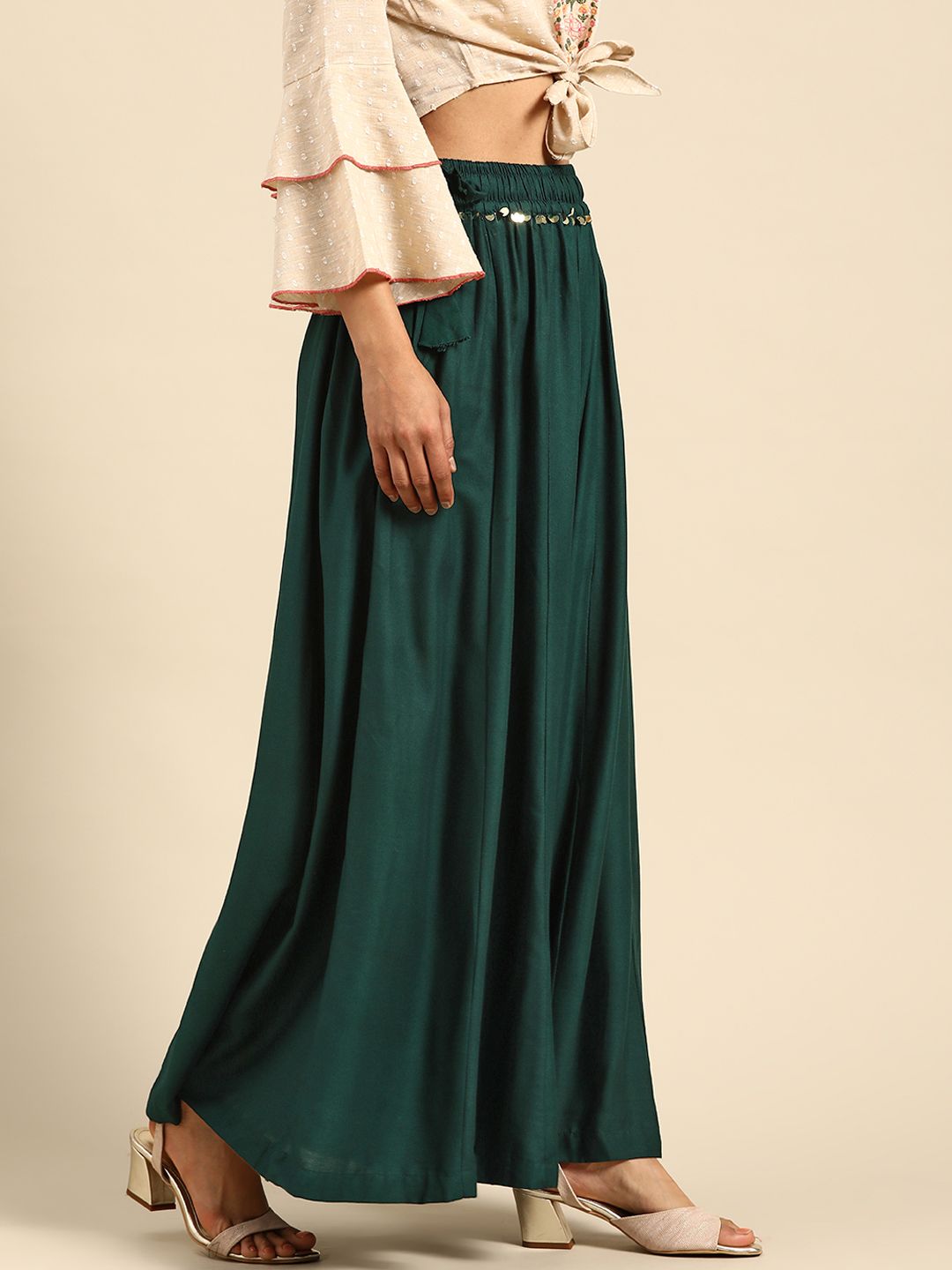 TAG 7 Women Green Solid Flared Palazzos