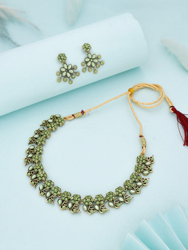 Tehzeeb Creations Luxurious Gold Polished Sea Green Colour Diamond Choker Necklace Set With Matching Earrings Tehzeeb Creations
