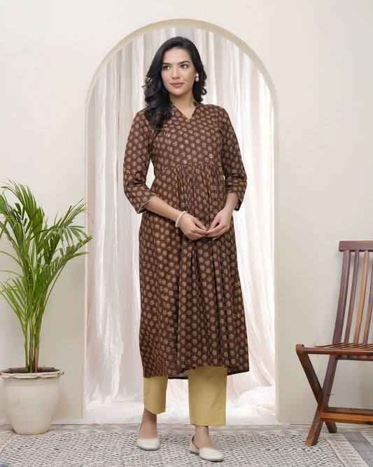 Vaasva Brown Boonta Cotton Printed Gathered Kurti | Grab2Buy