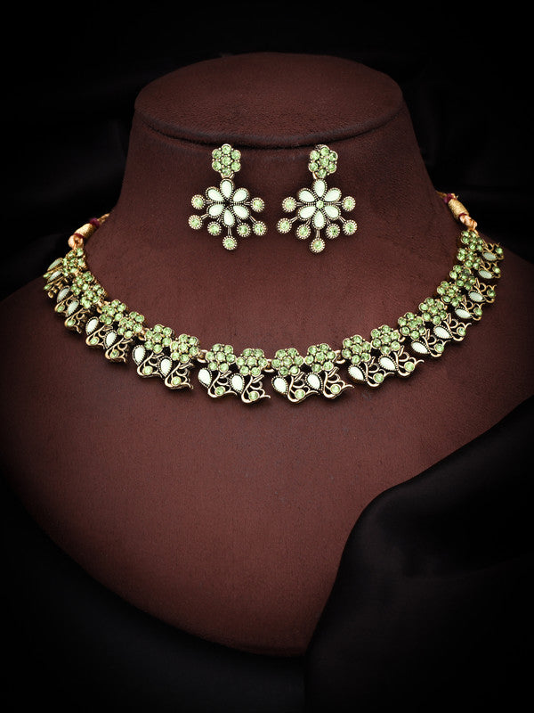 Tehzeeb Creations Luxurious Gold Polished Sea Green Colour Diamond Choker Necklace Set With Matching Earrings Tehzeeb Creations