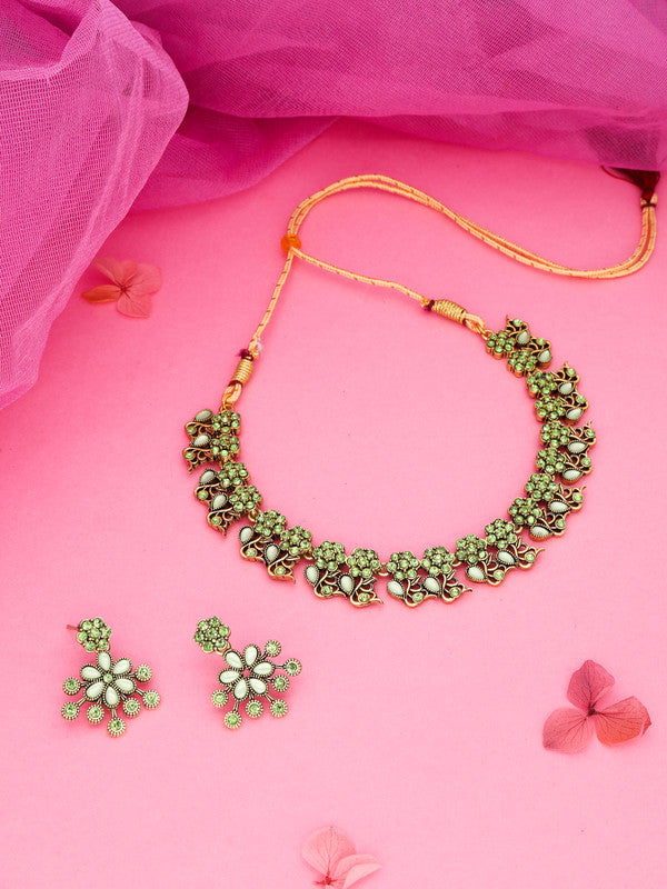 Tehzeeb Creations Luxurious Gold Polished Sea Green Colour Diamond Choker Necklace Set With Matching Earrings Tehzeeb Creations