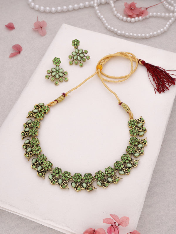 Tehzeeb Creations Luxurious Gold Polished Sea Green Colour Diamond Choker Necklace Set With Matching Earrings Tehzeeb Creations