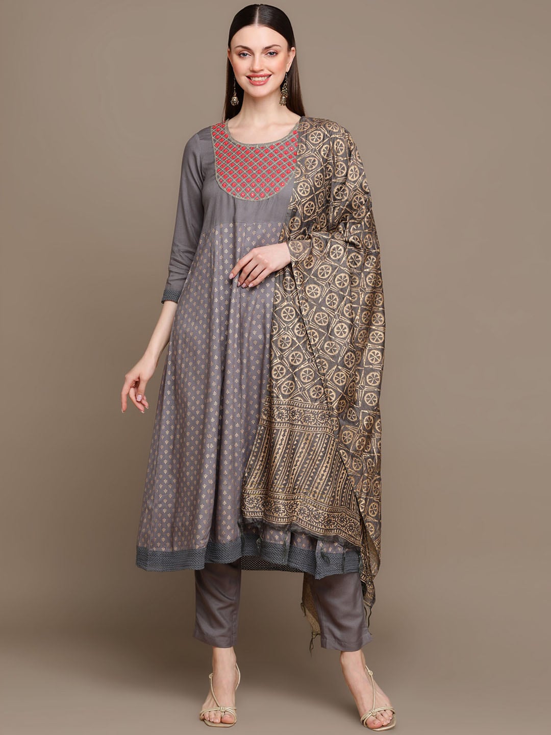 HERE&NOW Ethnic Motifs Embroidered Anarkali Kurta with Trousers & Dupatta