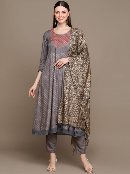 HERE&NOW Ethnic Motifs Embroidered Anarkali Kurta with Trousers & Dupatta