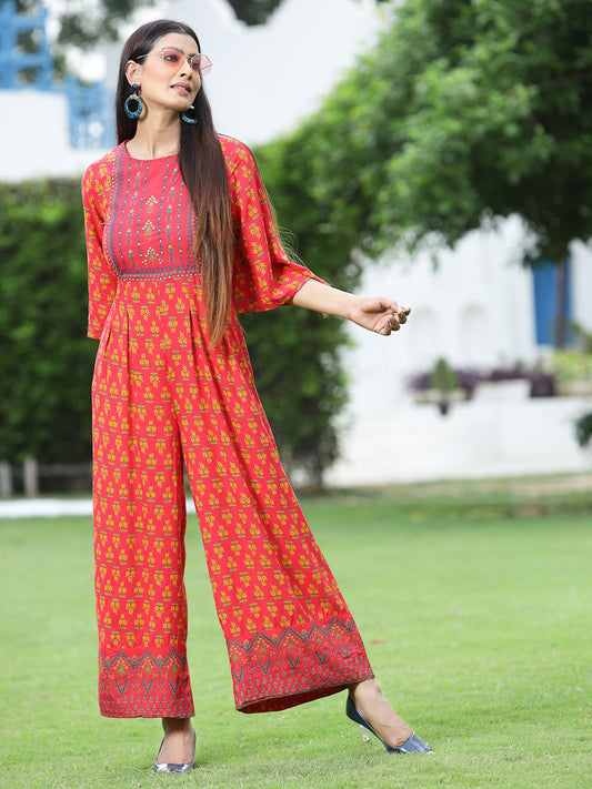 Juniper Women Coral Rayon Printed Regular Jumpsuit - Grab2buy