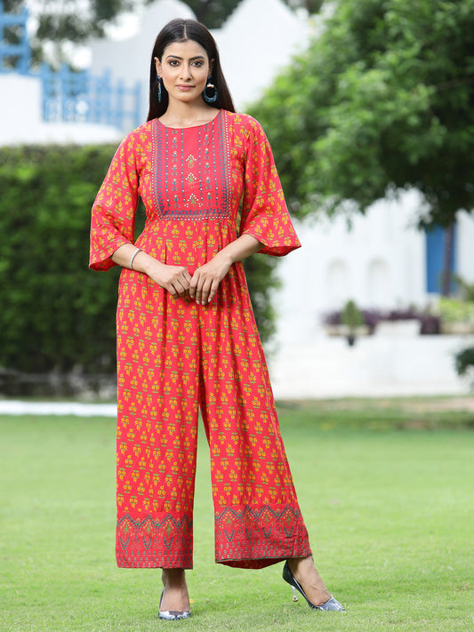 Juniper Women Coral Rayon Printed Regular Jumpsuit - Grab2buy