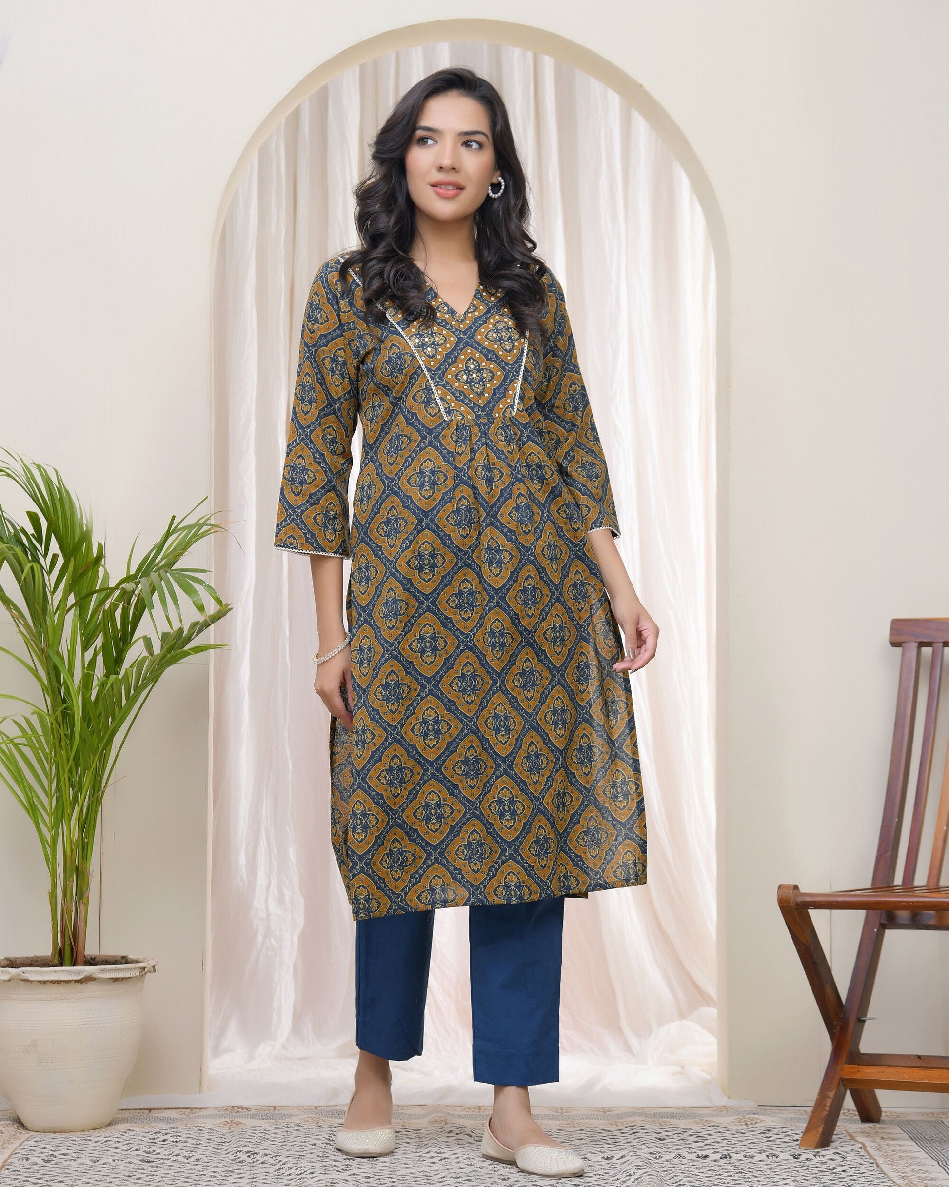 Vaasva Blue Ajrakh Cotton Printed Gathered Kurti | Grab2Buy