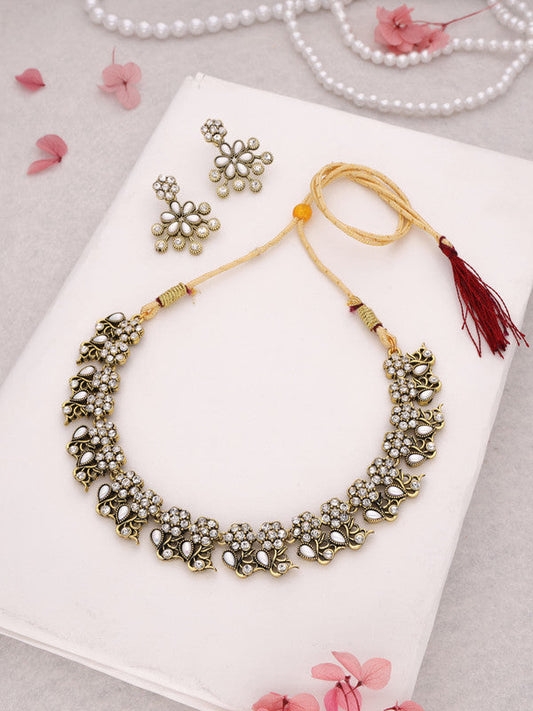 Tehzeeb Creations Luxurious Gold Polished White Colour Diamond Choker Necklace Set With Matching Earrings Tehzeeb Creations