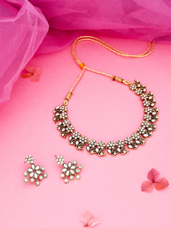 Tehzeeb Creations Luxurious Gold Polished White Colour Diamond Choker Necklace Set With Matching Earrings Tehzeeb Creations