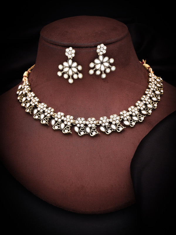 Tehzeeb Creations Luxurious Gold Polished White Colour Diamond Choker Necklace Set With Matching Earrings Tehzeeb Creations