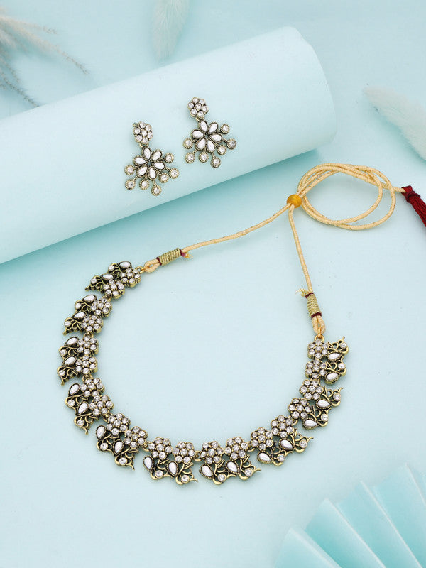 Tehzeeb Creations Luxurious Gold Polished White Colour Diamond Choker Necklace Set With Matching Earrings Tehzeeb Creations