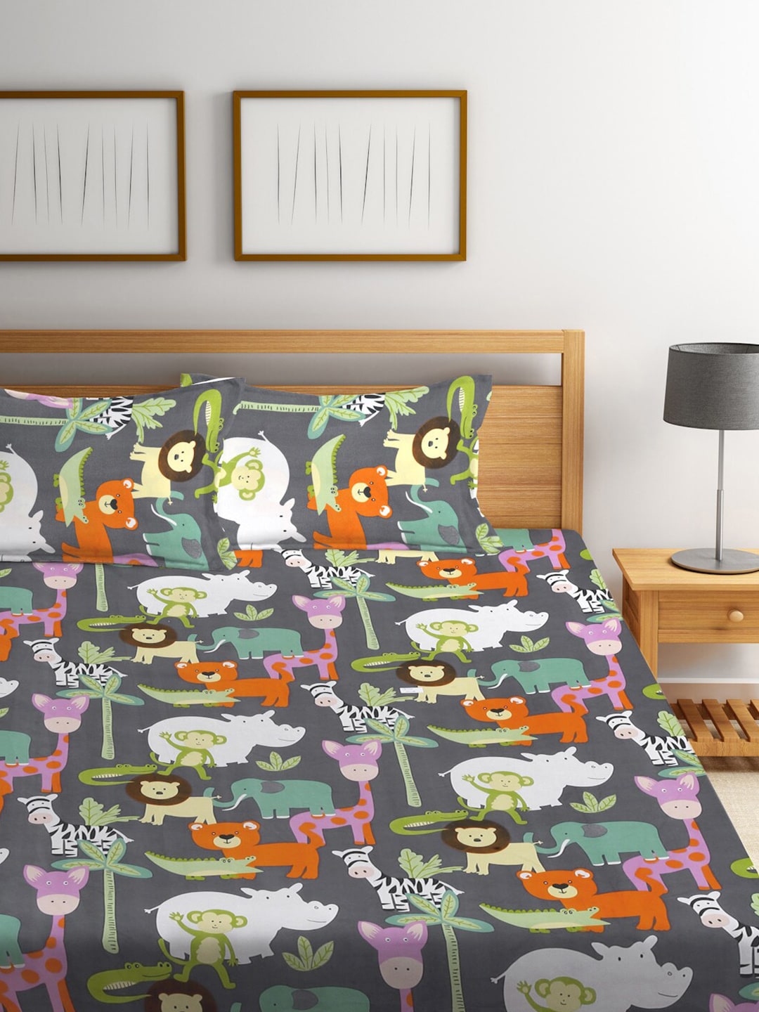 KLOTTHE Grey & Orange Cartoon Character Printed 300 TC King Bedsheet With 2 Pillow covers 