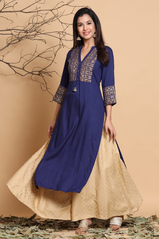 Juniper Women's Indigo Geometric Printed Rayon Kurta With Tassels Detail