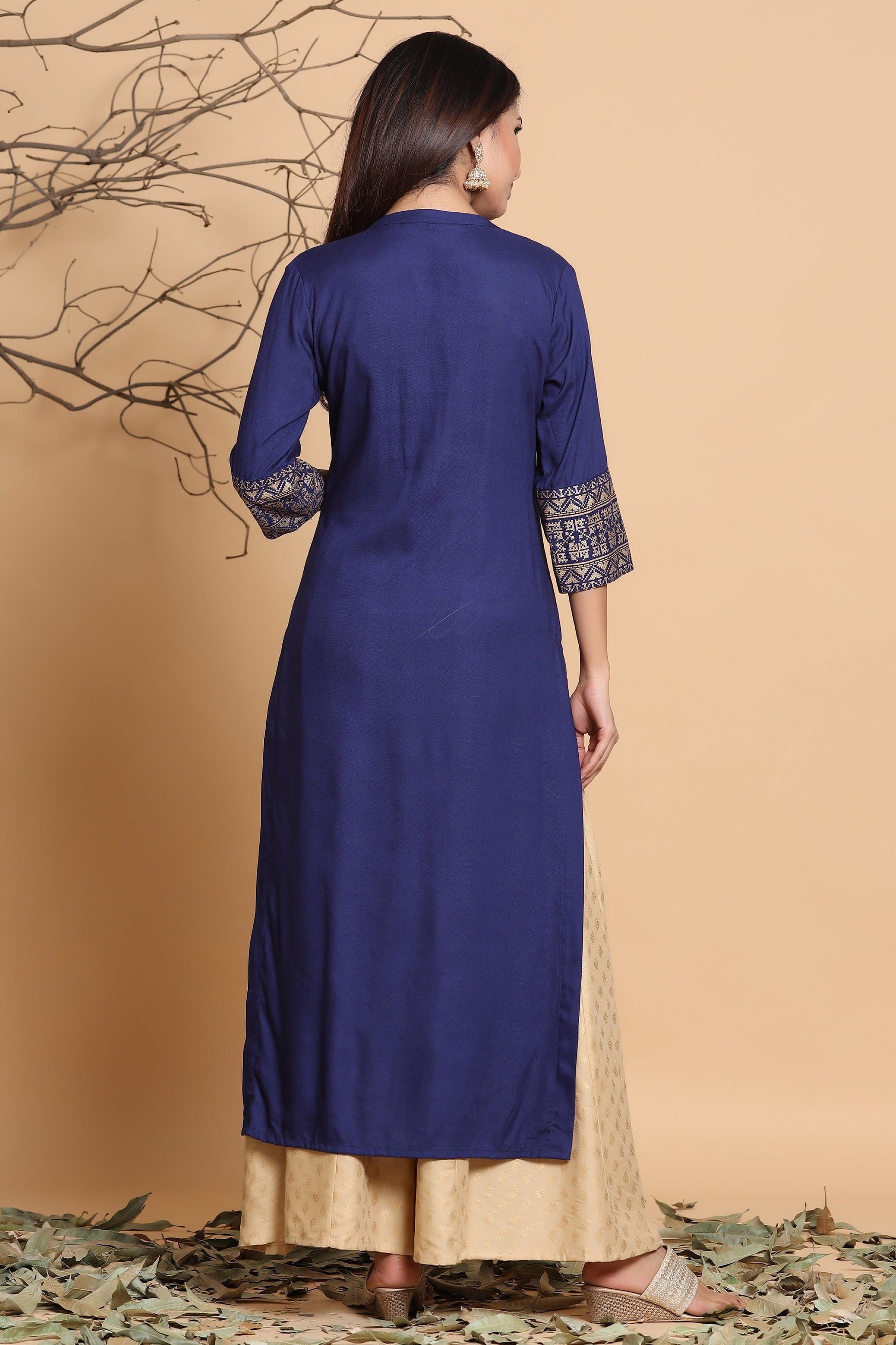 Juniper Women's Indigo Geometric Printed Rayon Kurta With Tassels Detail