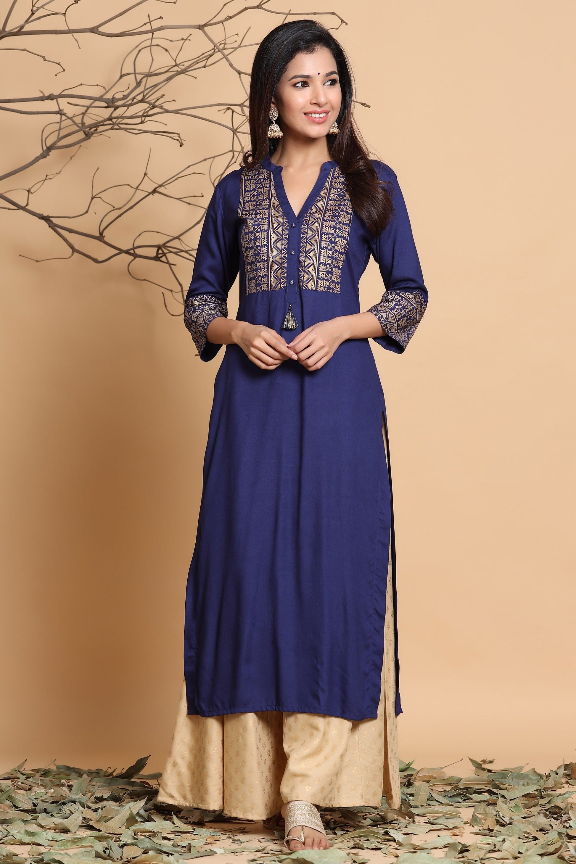 Juniper Women's Indigo Geometric Printed Rayon Kurta With Tassels Detail