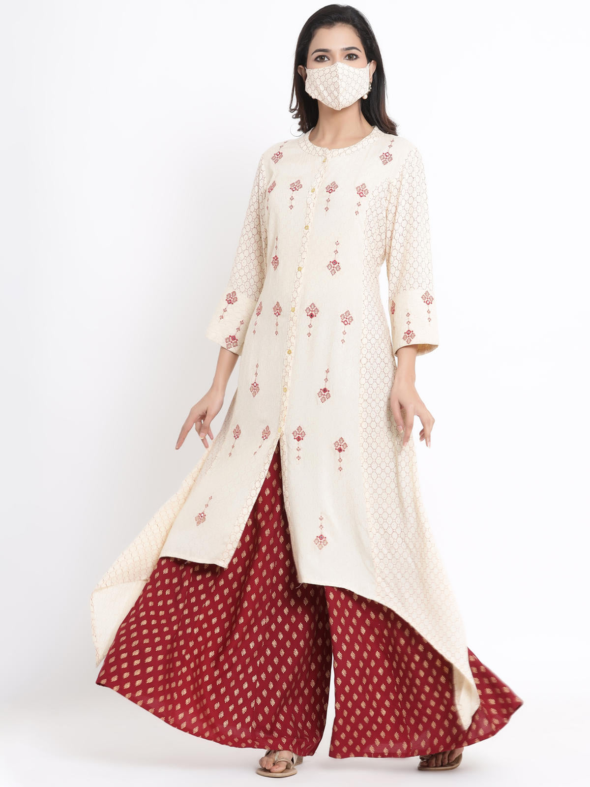 Juniper Women's Ivory Geometric Printed & Embroidered Rayon Kurta