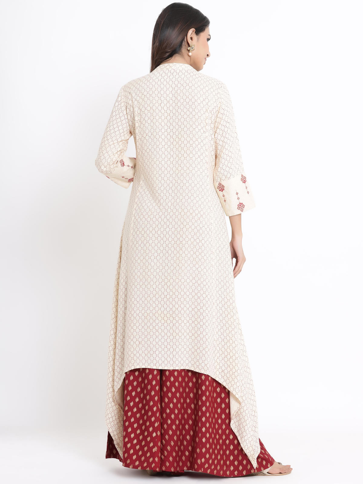Juniper Women's Ivory Geometric Printed & Embroidered Rayon Kurta