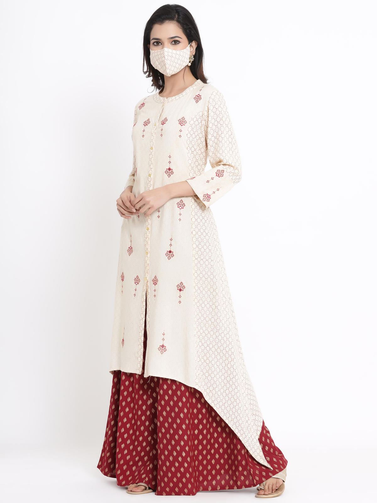 Juniper Women's Ivory Geometric Printed & Embroidered Rayon Kurta