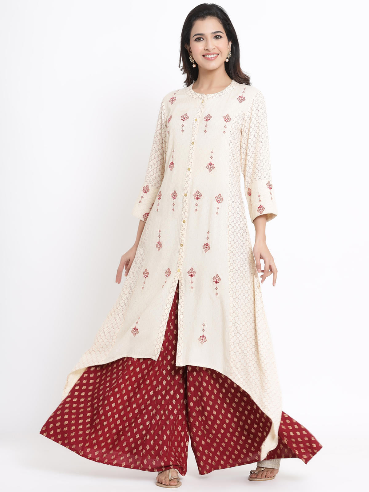 Juniper Women's Ivory Geometric Printed & Embroidered Rayon Kurta