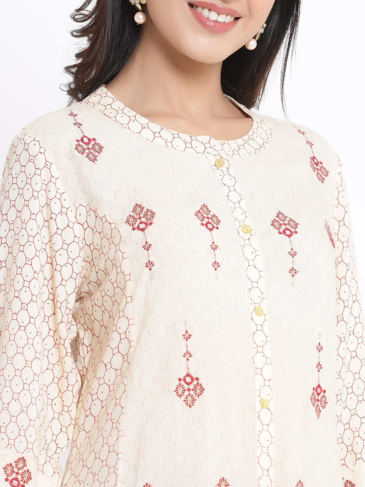 Juniper Women's Ivory Geometric Printed & Embroidered Rayon Kurta