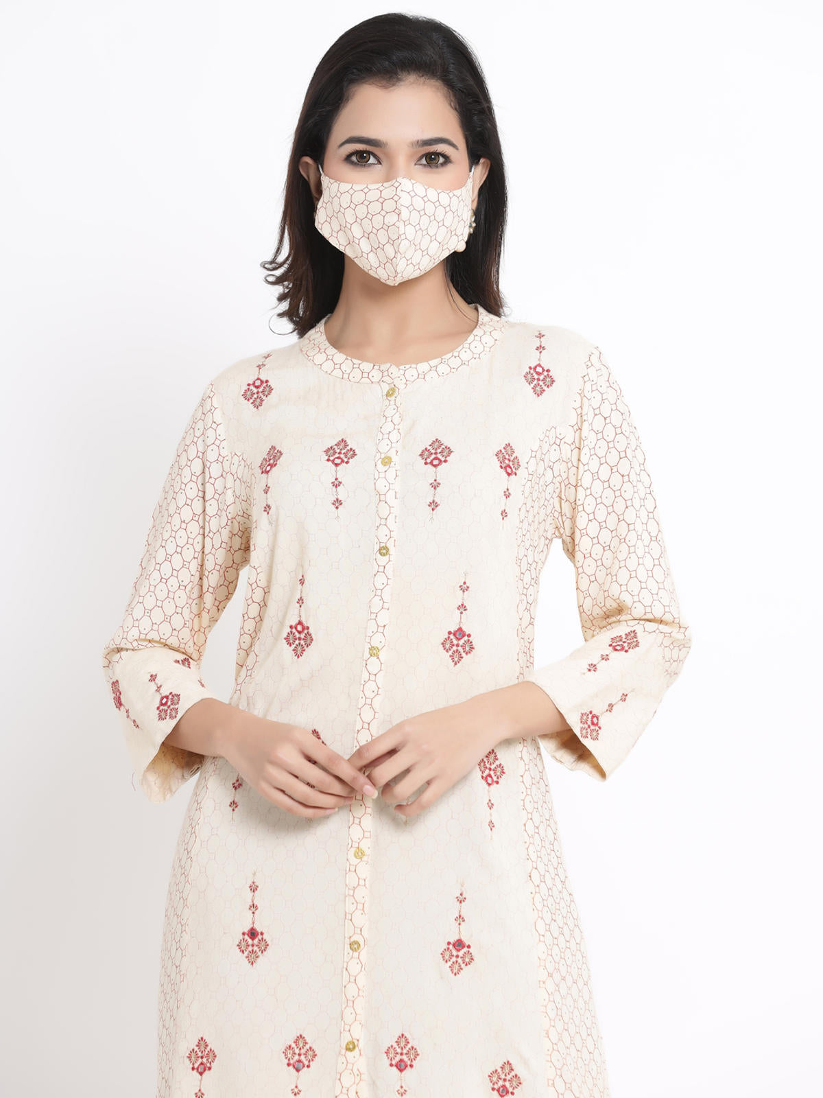 Juniper Women's Ivory Geometric Printed & Embroidered Rayon Kurta