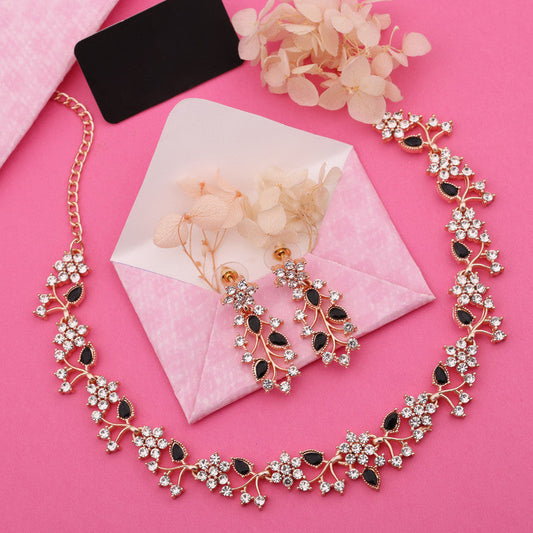 Tehzeeb Creations Brass, Stone, Crystal, Stainless Steel Gold-Polished Black Jewel Set Tehzeeb Creations