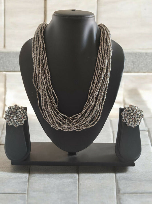 Inhanns Vibrant Handmade 20 Layers Beaded Necklace With Matching Earrings - Gray