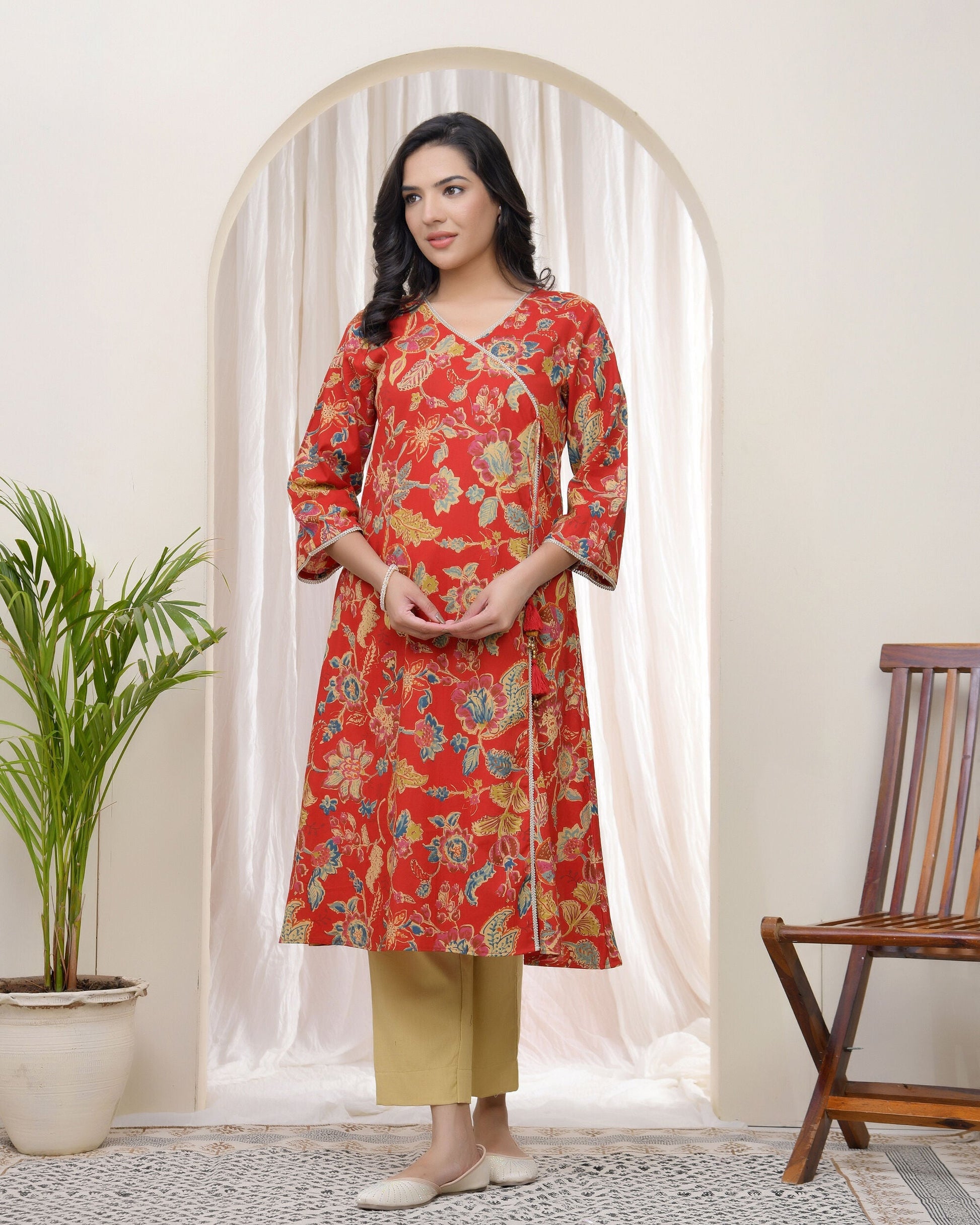 Vaasva Women Red Cotton Angrakha Kurta | Grab2Buy