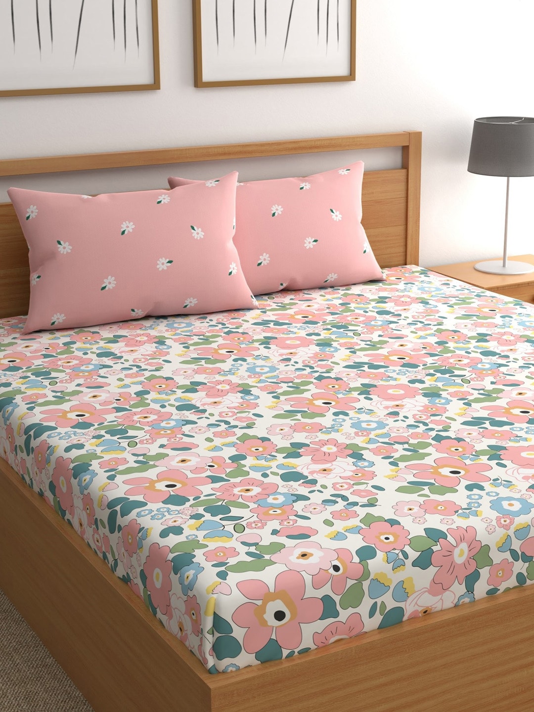 CHHAVI INDIA Pink & Blue Floral 210 TC Bedsheet with Pillow Covers 