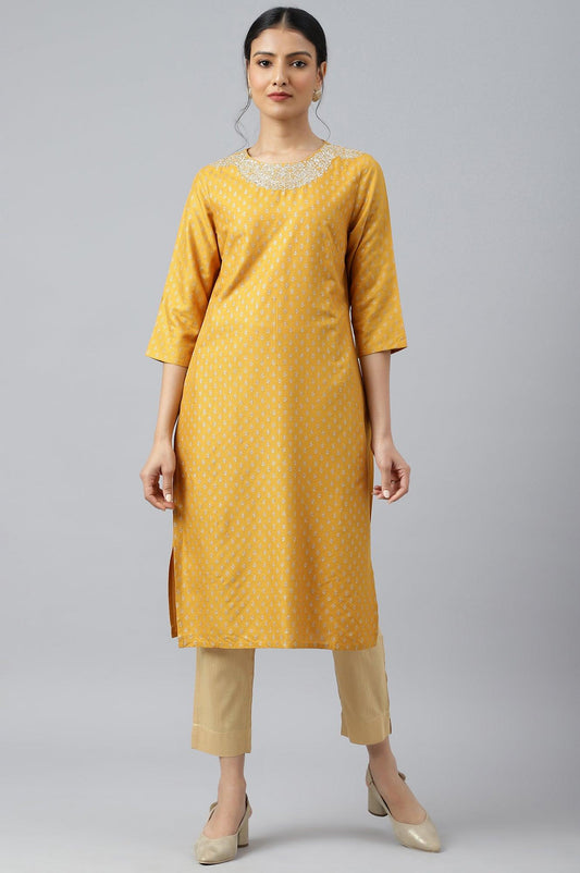W for Woman Mustard Printed kurta With Metallic Embroidery