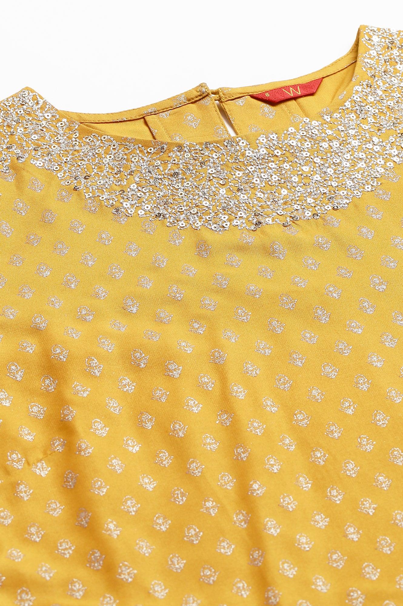W for Woman Mustard Printed kurta With Metallic Embroidery