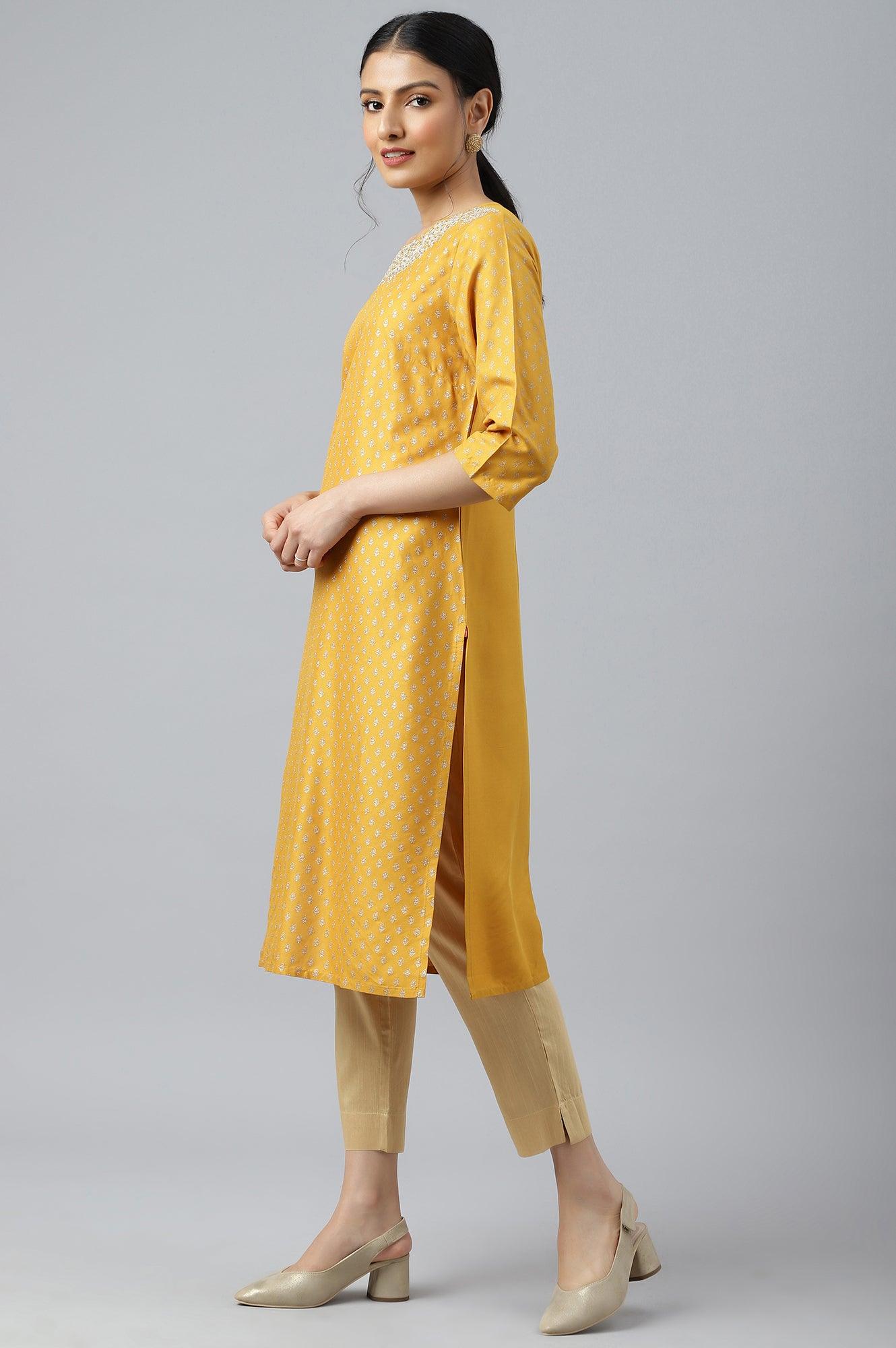 W for Woman Mustard Printed kurta With Metallic Embroidery