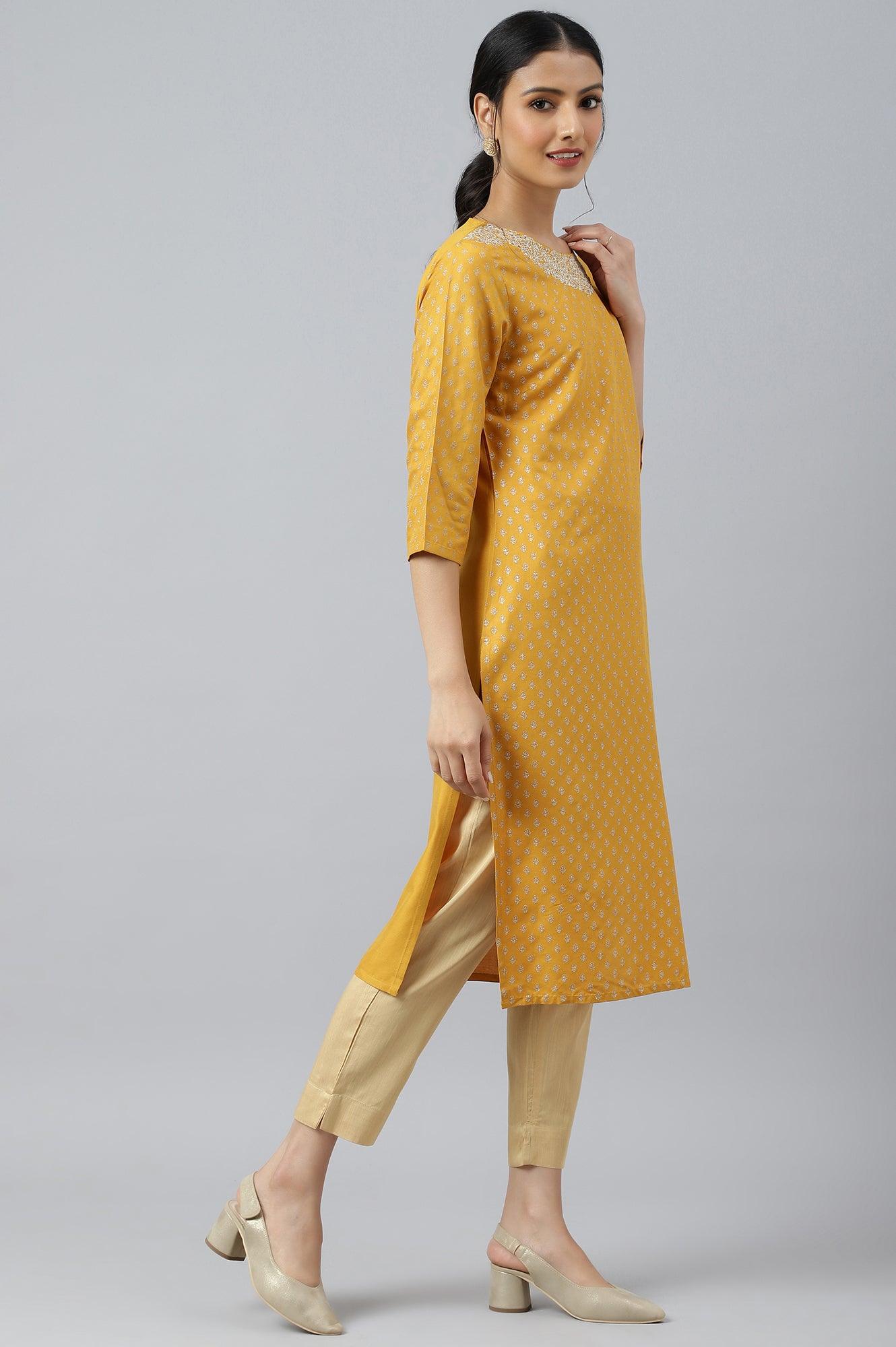 W for Woman Mustard Printed kurta With Metallic Embroidery