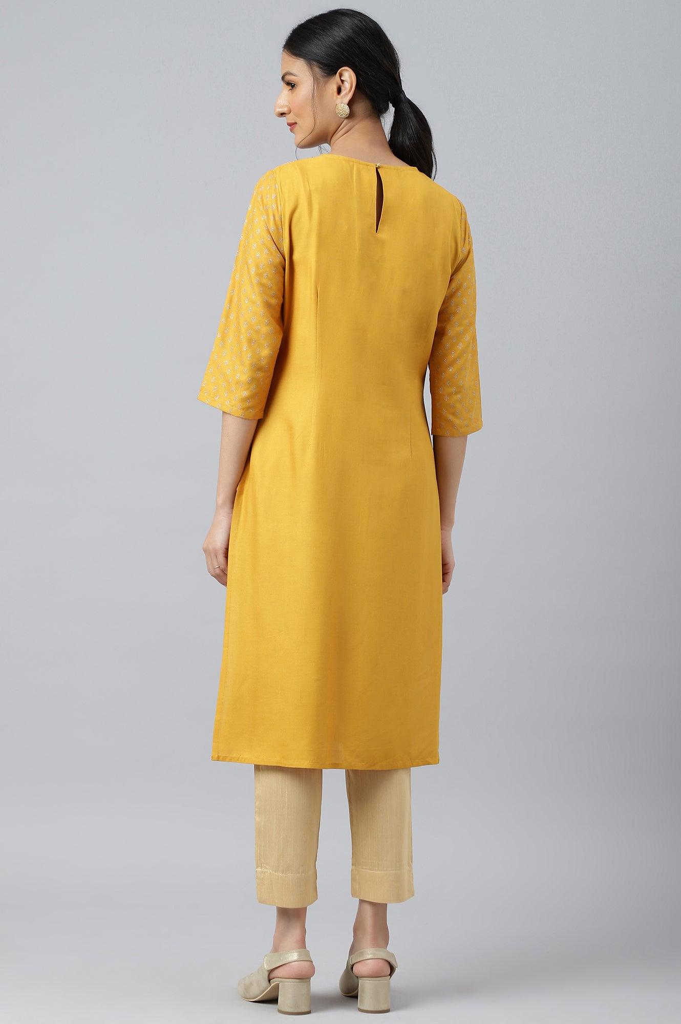 W for Woman Mustard Printed kurta With Metallic Embroidery