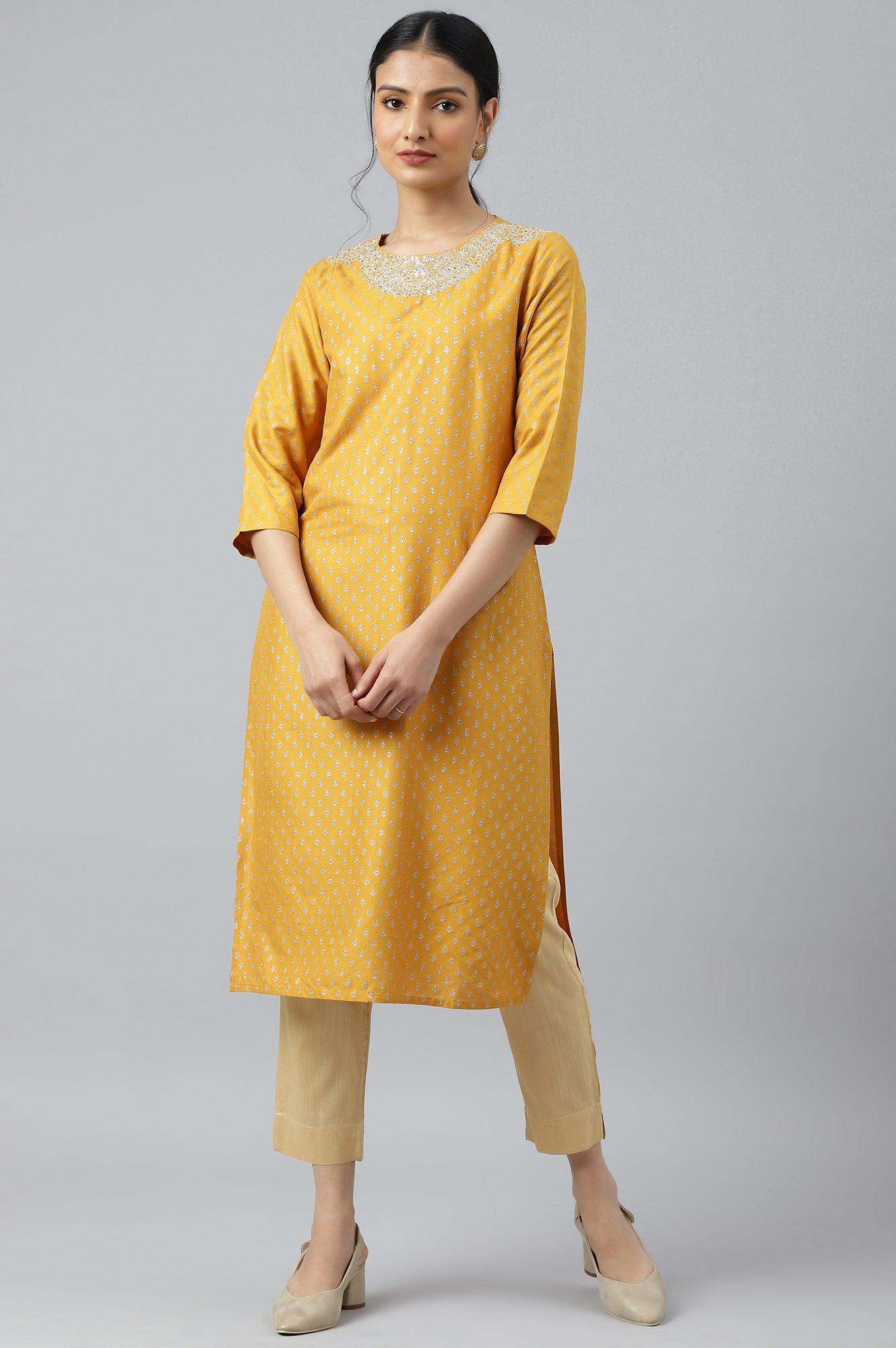 W for Woman Mustard Printed kurta With Metallic Embroidery