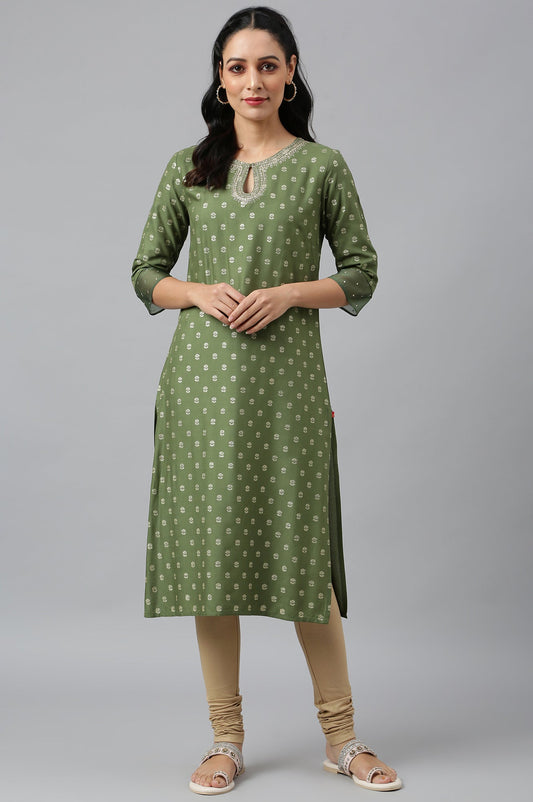 W for Woman Olive Green Printed kurta With Embroidery And Sequins