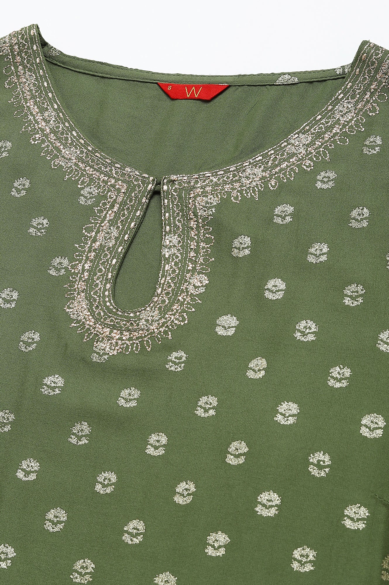 W for Woman Olive Green Printed kurta With Embroidery And Sequins