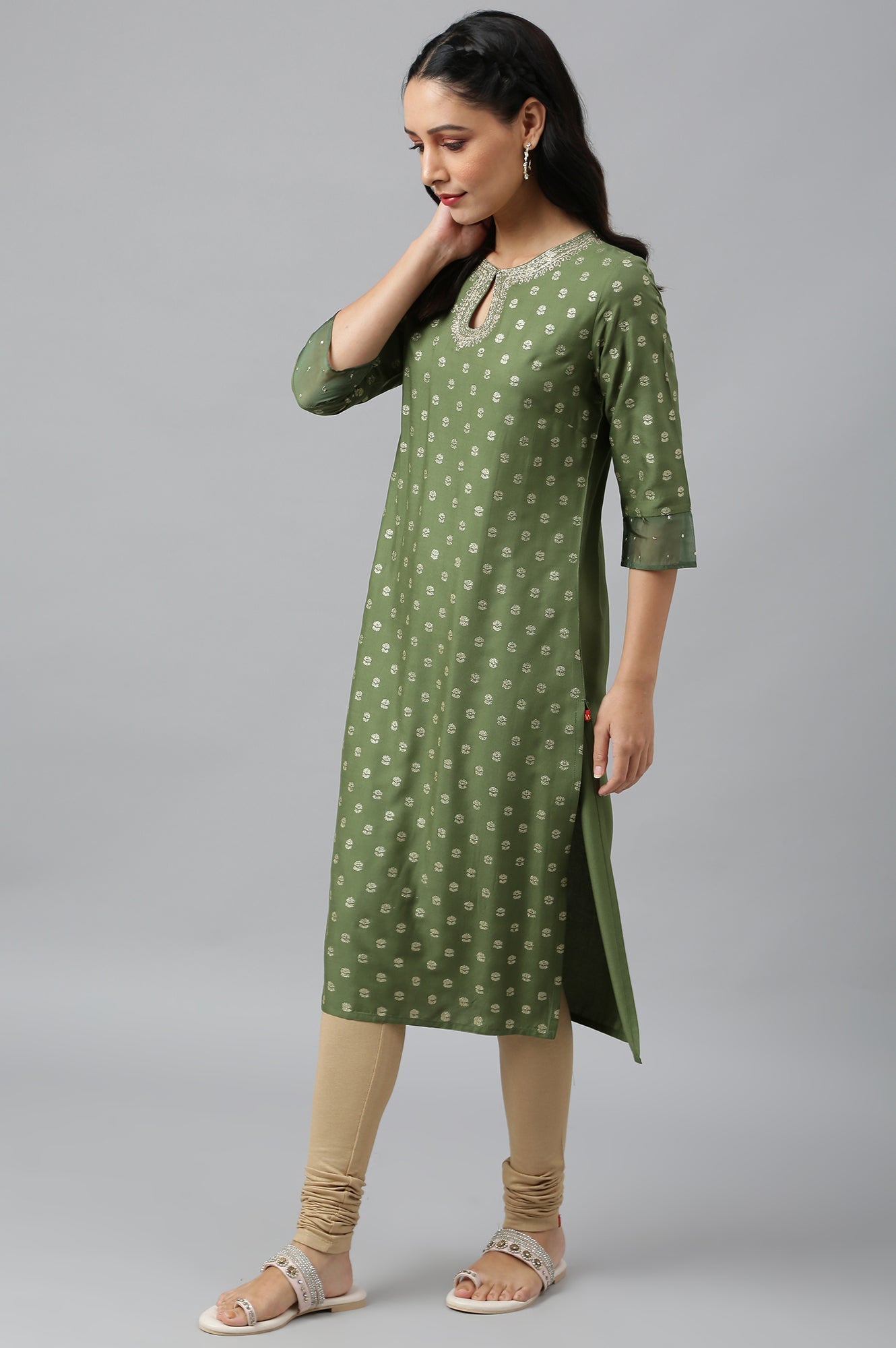 W for Woman Olive Green Printed kurta With Embroidery And Sequins