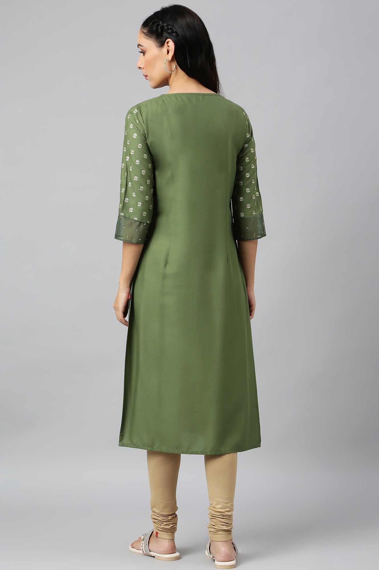 W for Woman Olive Green Printed kurta With Embroidery And Sequins