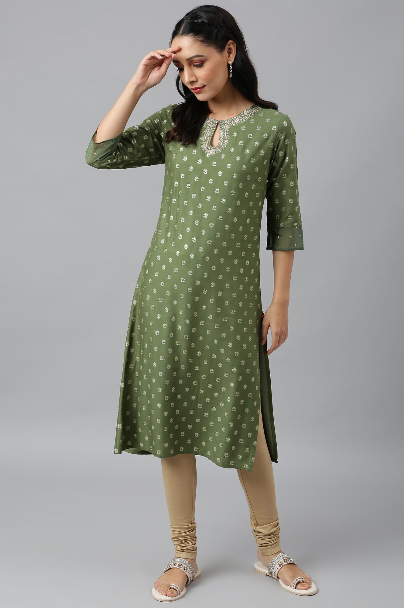 W for Woman Olive Green Printed kurta With Embroidery And Sequins