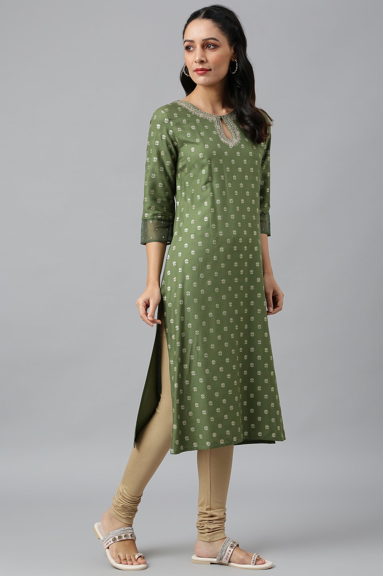 W for Woman Olive Green Printed kurta With Embroidery And Sequins