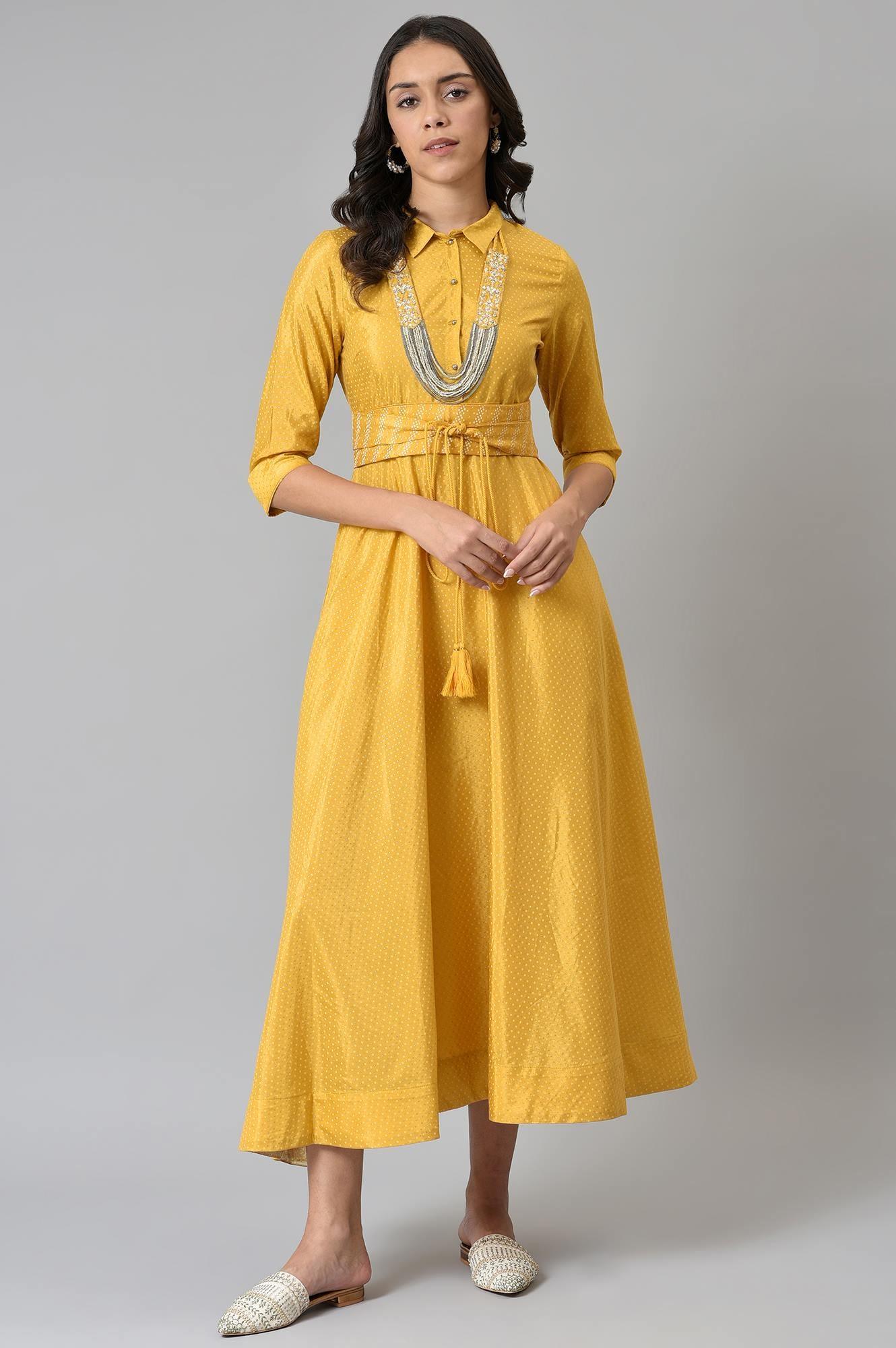 W for Woman Yellow Glitter Printed Shirt Dress With Embroidered Neckpiece  Grab2Buy WforWoman Grab2Buy