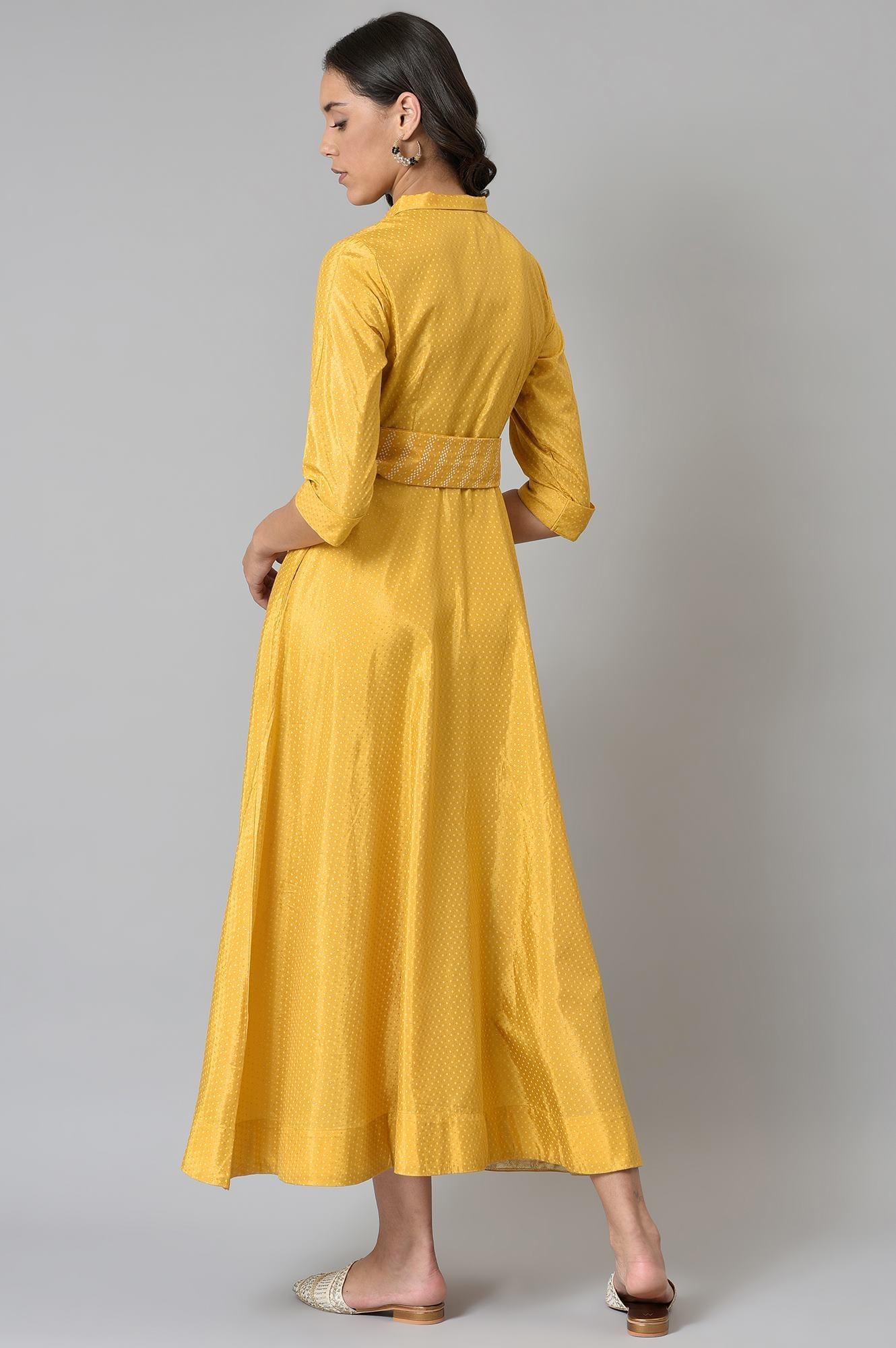 W for Woman Yellow Glitter Printed Shirt Dress With Embroidered Neckpiece  Grab2Buy WforWoman Grab2Buy