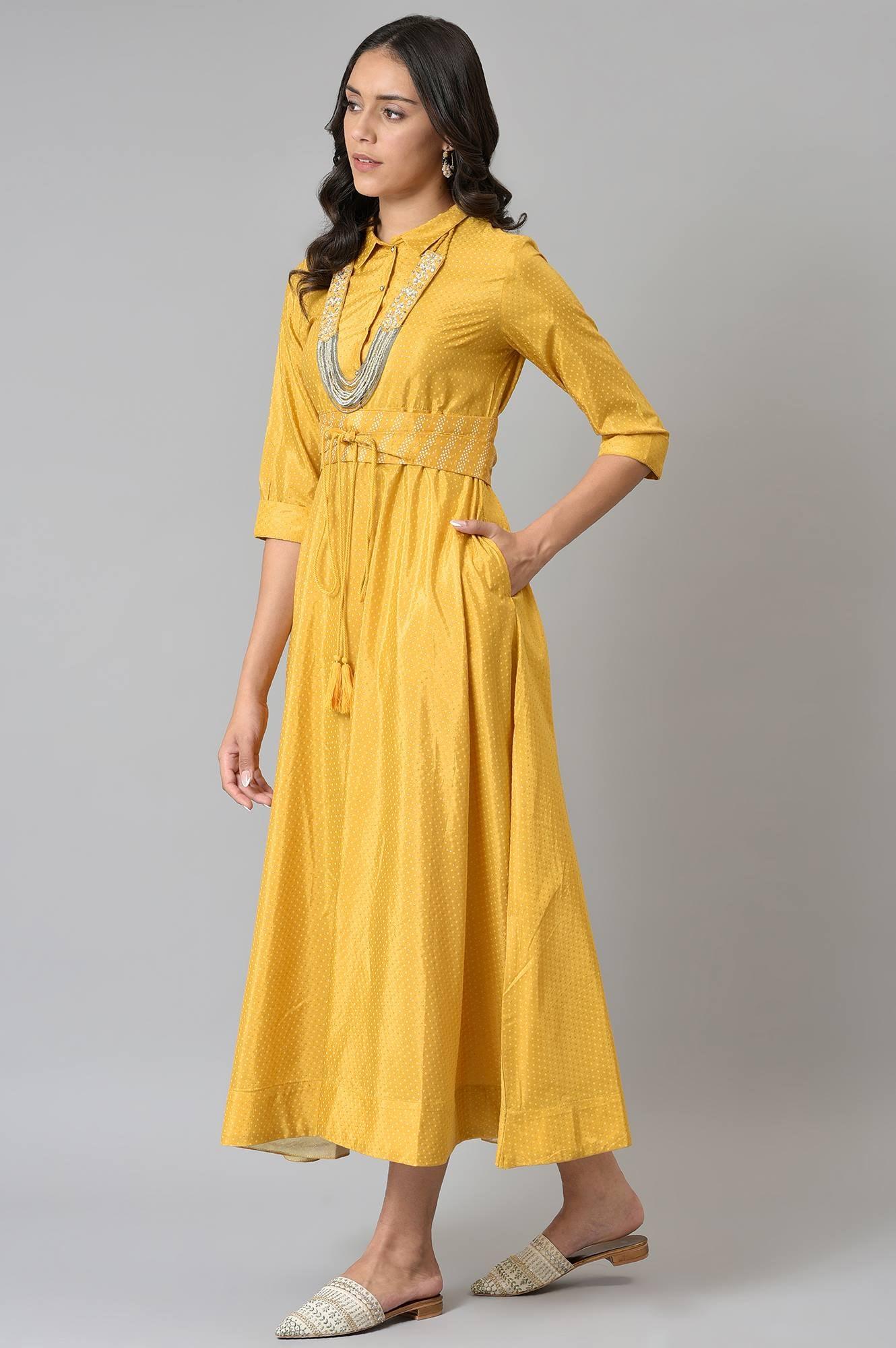 W for Woman Yellow Glitter Printed Shirt Dress With Embroidered Neckpiece  Grab2Buy WforWoman Grab2Buy