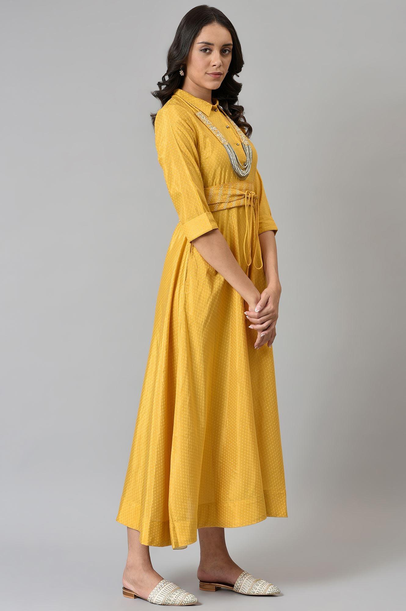 W for Woman Yellow Glitter Printed Shirt Dress With Embroidered Neckpiece  Grab2Buy WforWoman Grab2Buy