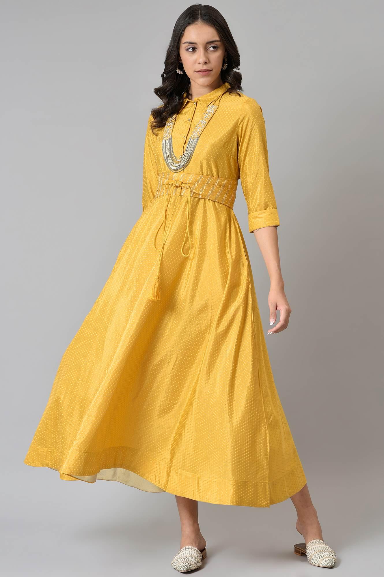 W for Woman Yellow Glitter Printed Shirt Dress With Embroidered Neckpiece  Grab2Buy WforWoman Grab2Buy