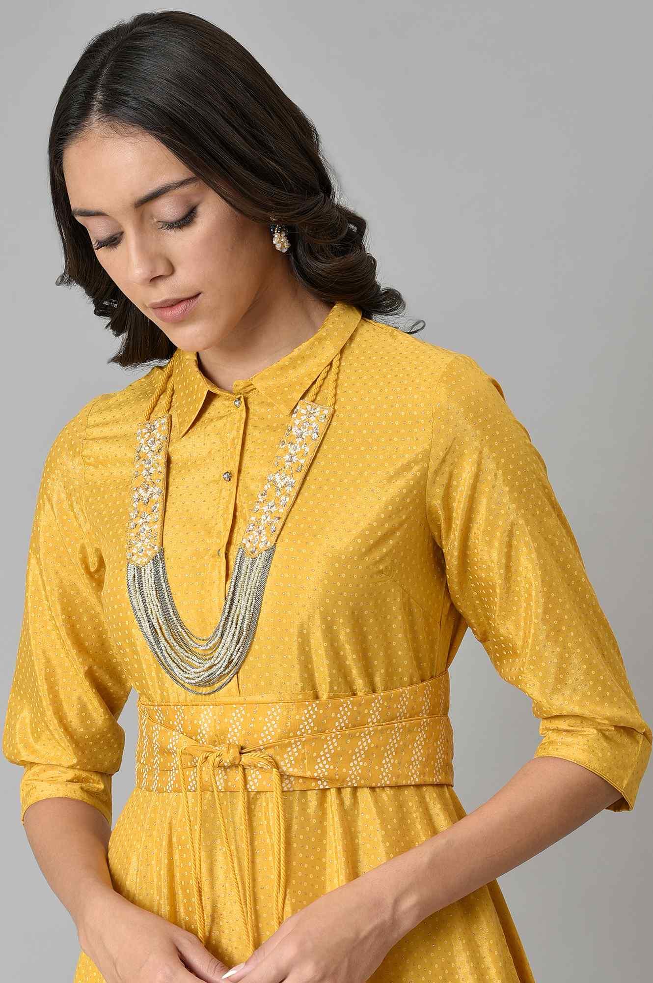 W for Woman Yellow Glitter Printed Shirt Dress With Embroidered Neckpiece  Grab2Buy WforWoman Grab2Buy