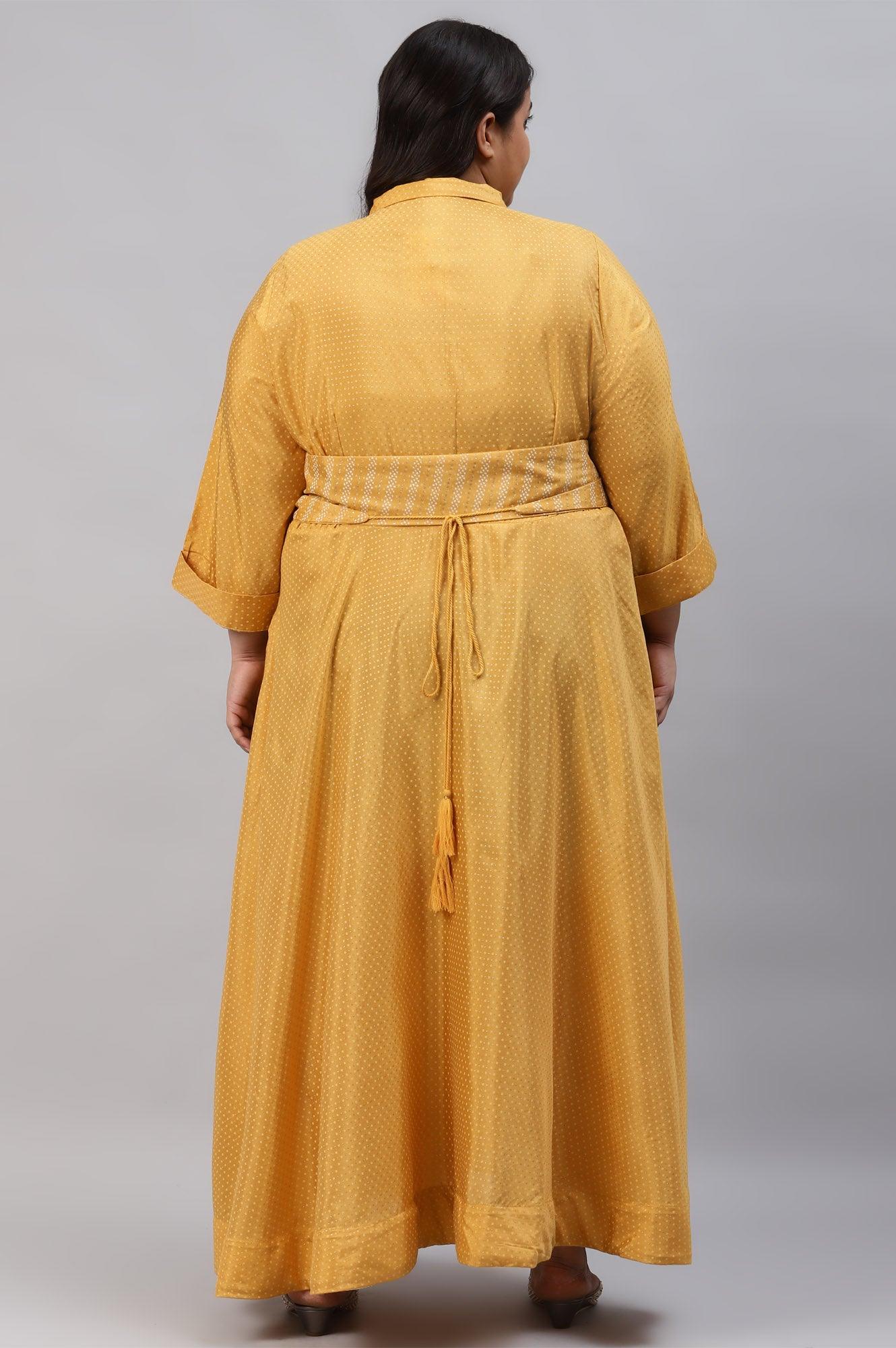 W for Woman Yellow Glitter Printed Plus Size Shirt Dress With Embroidered Neckpiece  Grab2Buy WforWoman Grab2Buy