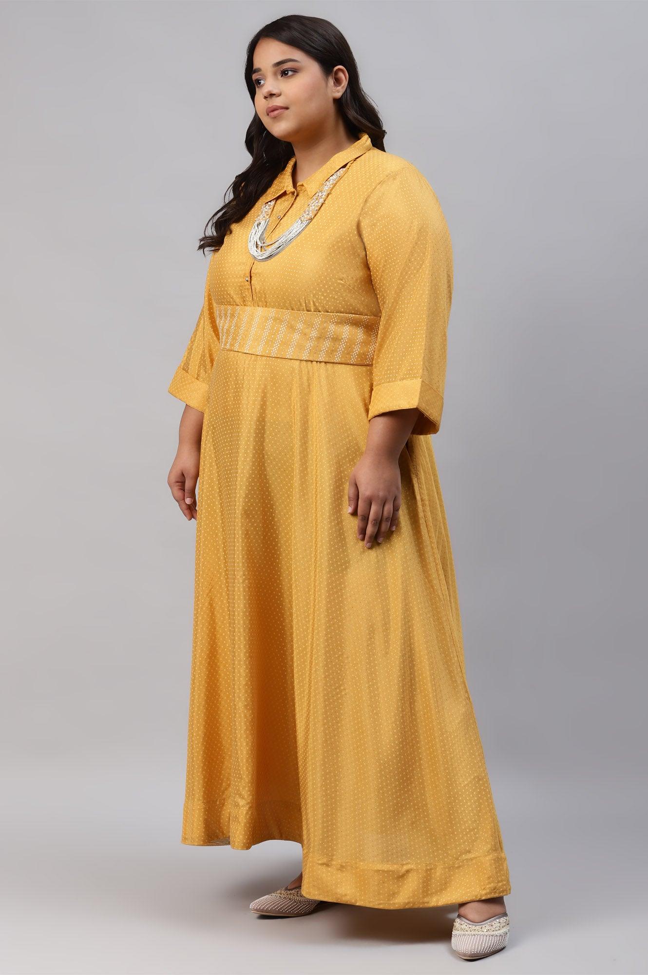 W for Woman Yellow Glitter Printed Plus Size Shirt Dress With Embroidered Neckpiece  Grab2Buy WforWoman Grab2Buy